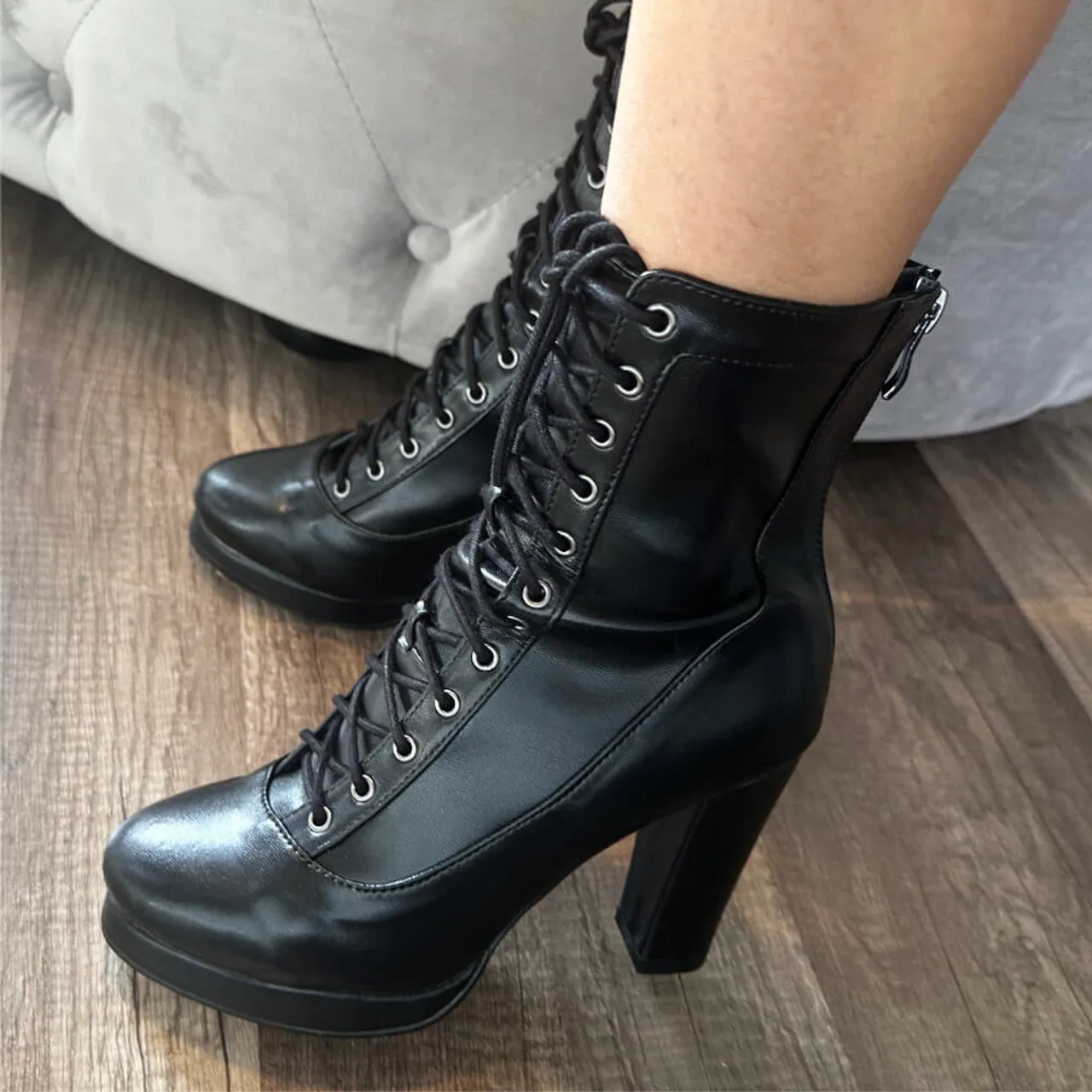 Aadijay Latin Dance Shoes - Black Vegan Leather Lace Up Platform Boot (Rubber Sole).