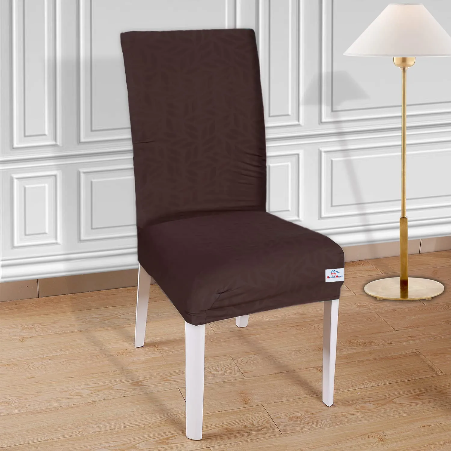 Heart Home Leaf Printed Polyester Stretchable Elastic Dining Chair Cover/Seat Slipcover/Seat Protector- Pack of 4 (Brown)-50HH01004