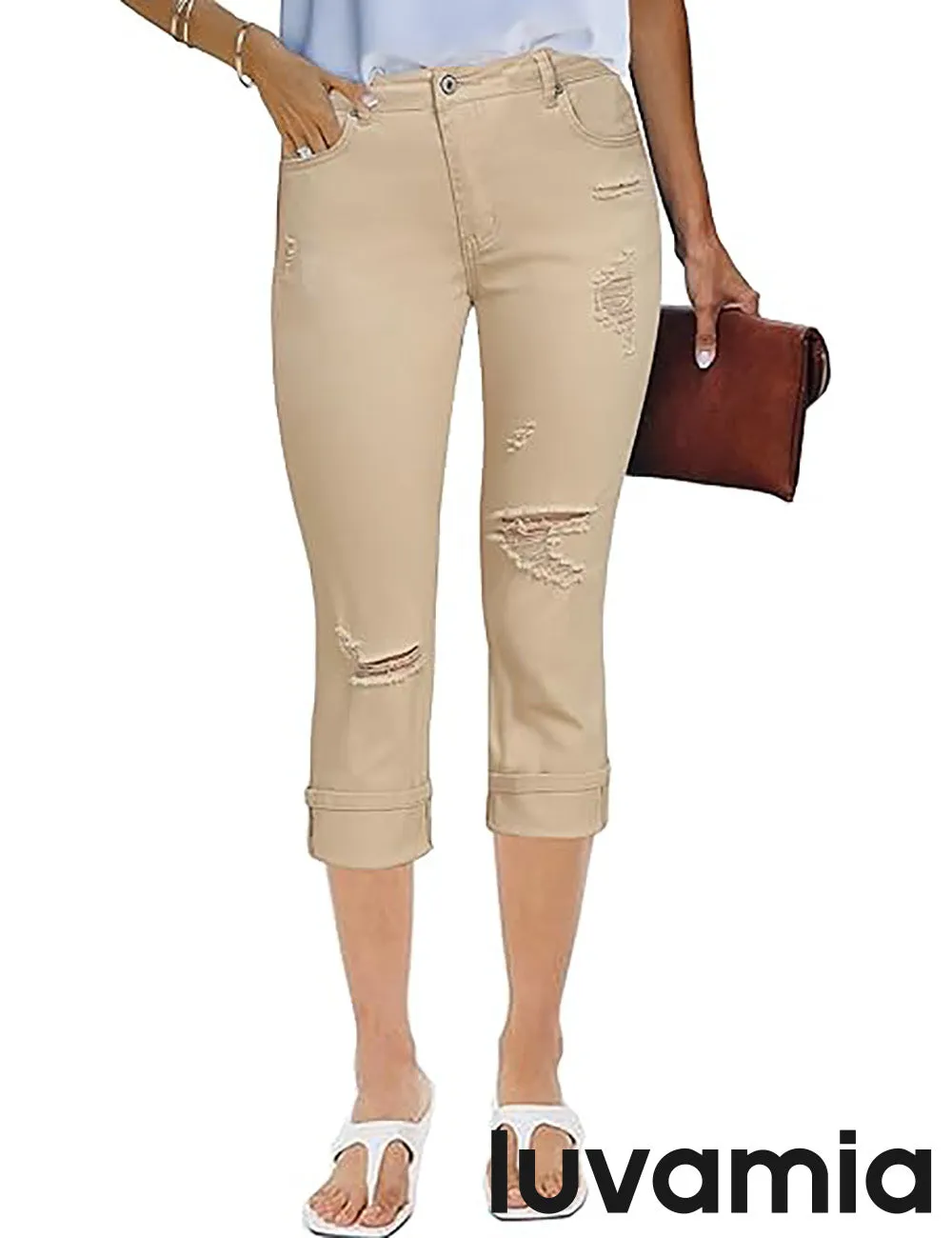 luvamia Capri Jeans for Women Stretch High Waisted Distressed Denim Capris Ripped Skinny Cropped Pants