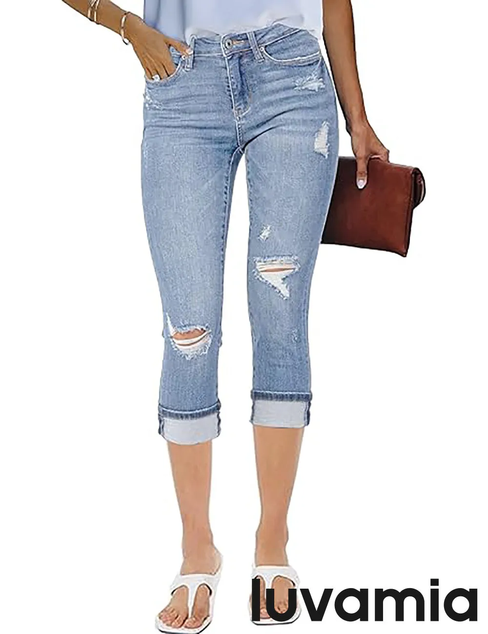 luvamia Capri Jeans for Women Stretch High Waisted Distressed Denim Capris Ripped Skinny Cropped Pants