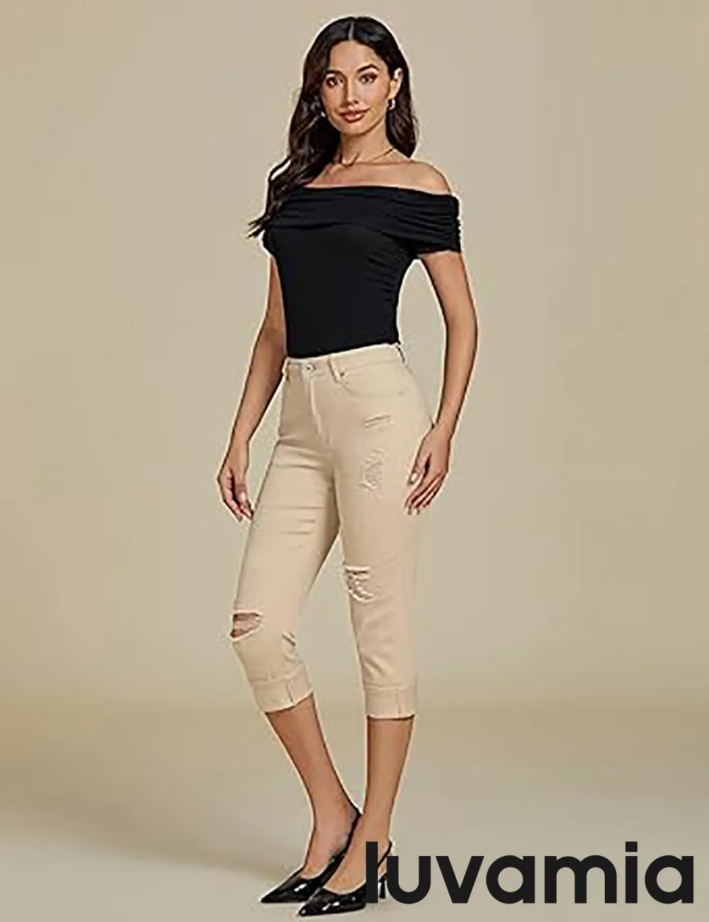 luvamia Capri Jeans for Women Stretch High Waisted Distressed Denim Capris Ripped Skinny Cropped Pants