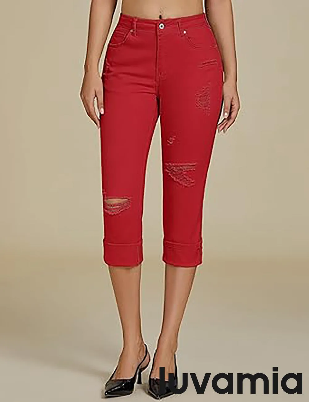 luvamia Capri Jeans for Women Stretch High Waisted Distressed Denim Capris Ripped Skinny Cropped Pants