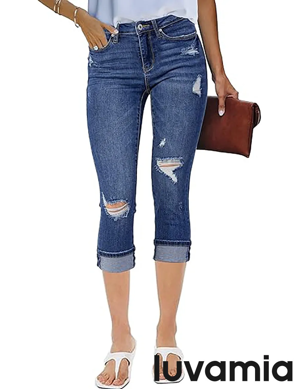 luvamia Capri Jeans for Women Stretch High Waisted Distressed Denim Capris Ripped Skinny Cropped Pants
