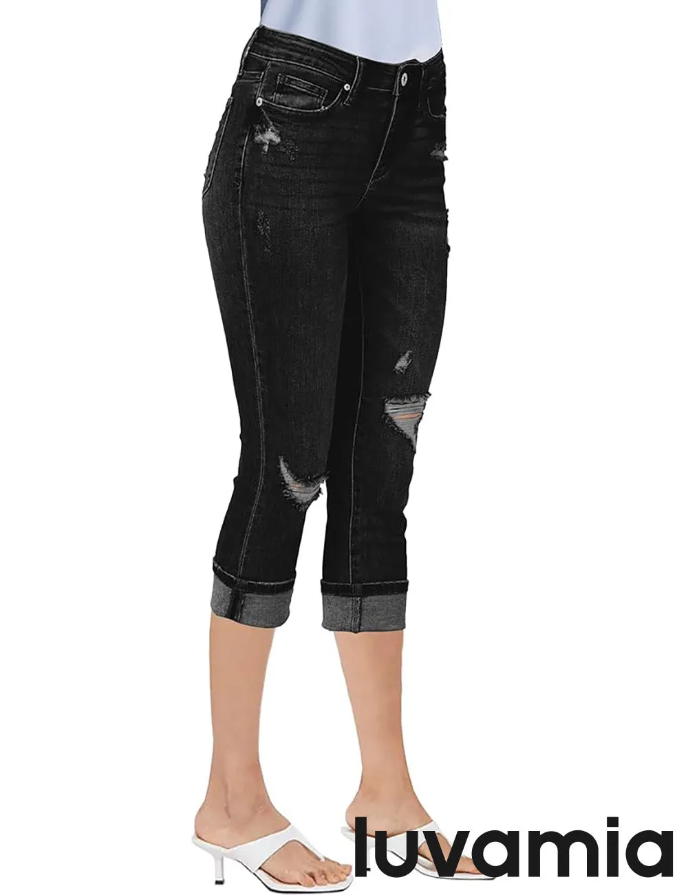 luvamia Capri Jeans for Women Stretch High Waisted Distressed Denim Capris Ripped Skinny Cropped Pants