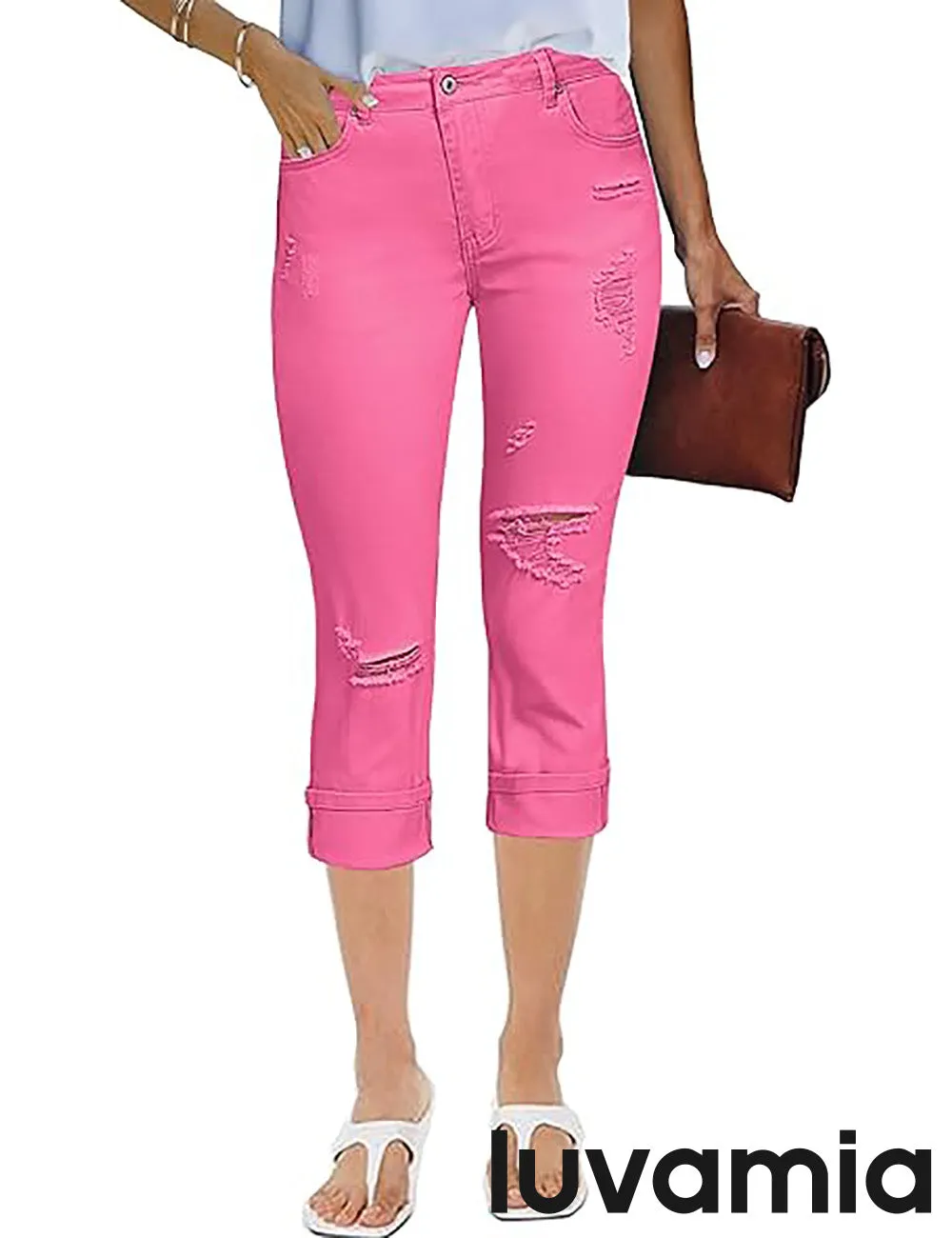 luvamia Capri Jeans for Women Stretch High Waisted Distressed Denim Capris Ripped Skinny Cropped Pants