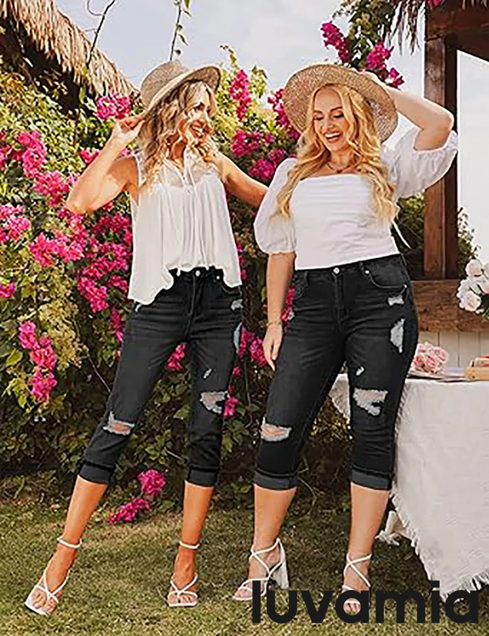 luvamia Capri Jeans for Women Stretch High Waisted Distressed Denim Capris Ripped Skinny Cropped Pants