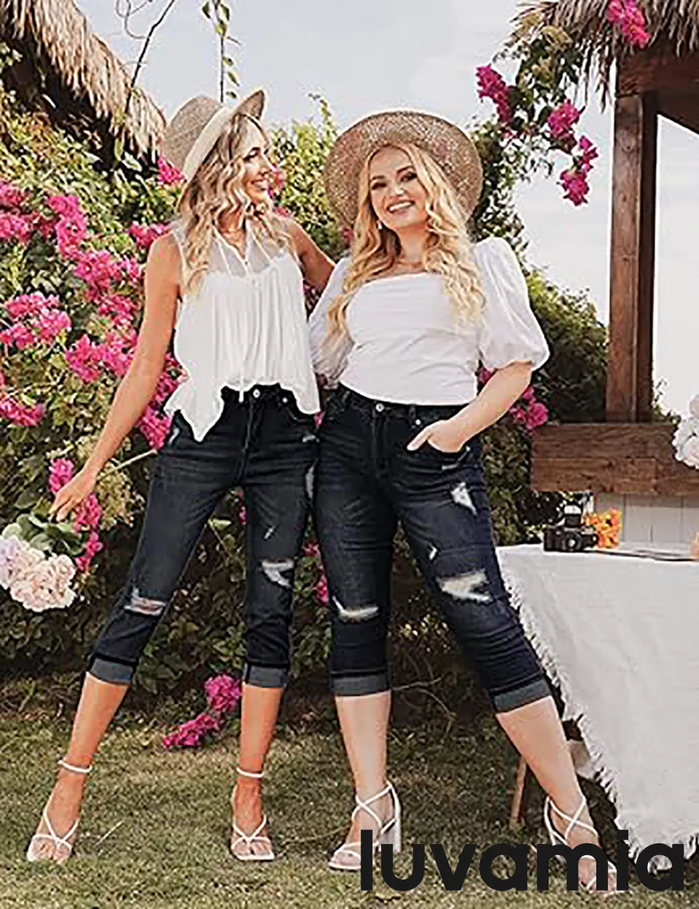 luvamia Capri Jeans for Women Stretch High Waisted Distressed Denim Capris Ripped Skinny Cropped Pants