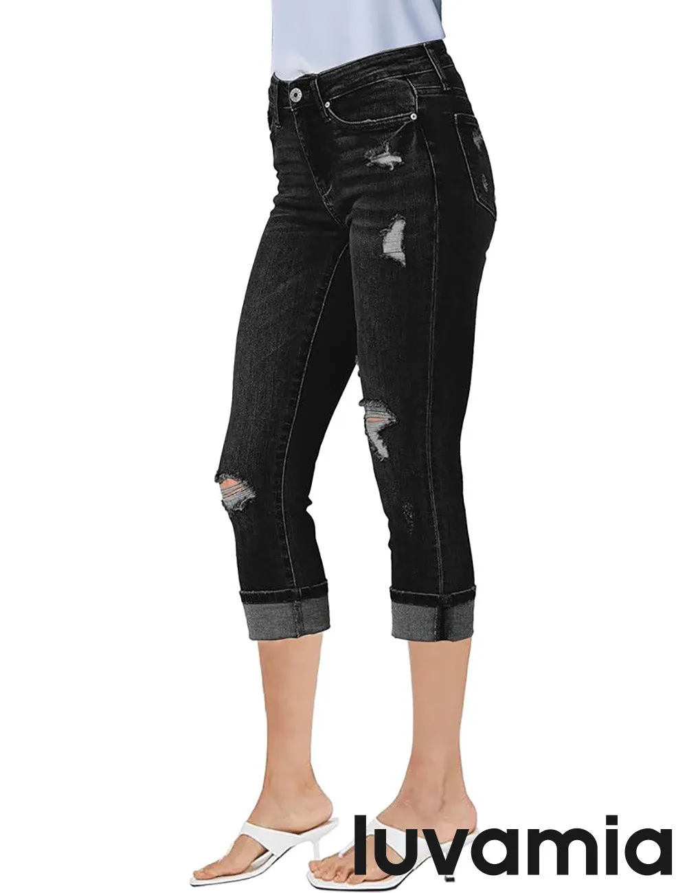 luvamia Capri Jeans for Women Stretch High Waisted Distressed Denim Capris Ripped Skinny Cropped Pants