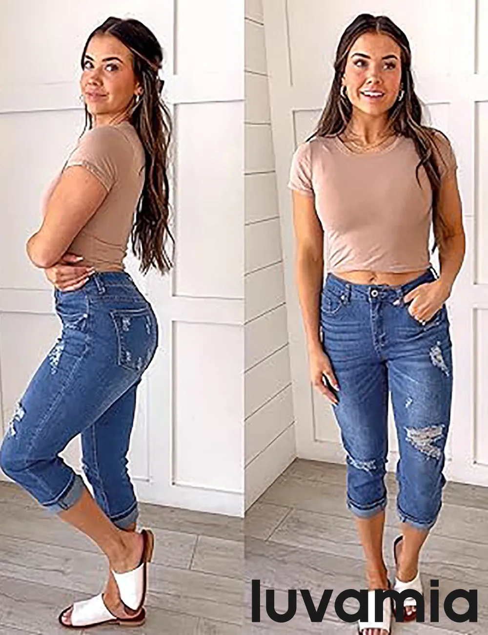 luvamia Capri Jeans for Women Stretch High Waisted Distressed Denim Capris Ripped Skinny Cropped Pants