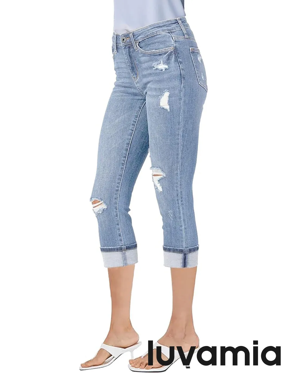 luvamia Capri Jeans for Women Stretch High Waisted Distressed Denim Capris Ripped Skinny Cropped Pants