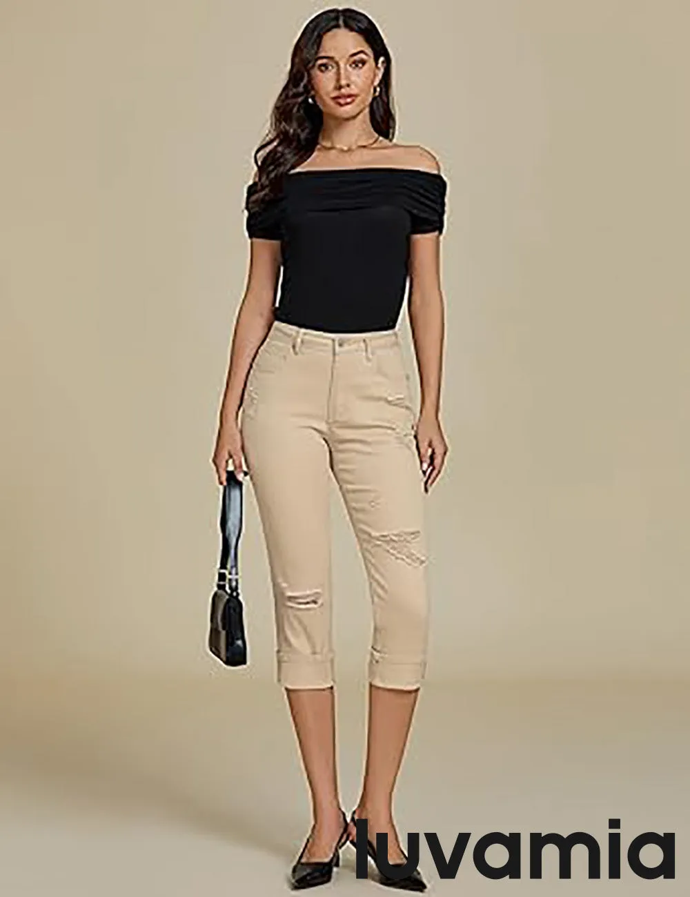 luvamia Capri Jeans for Women Stretch High Waisted Distressed Denim Capris Ripped Skinny Cropped Pants