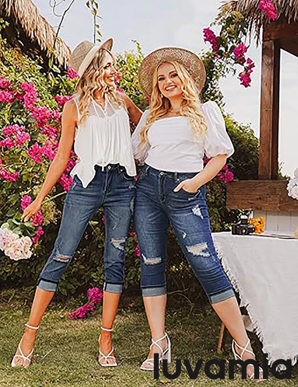 luvamia Capri Jeans for Women Stretch High Waisted Distressed Denim Capris Ripped Skinny Cropped Pants