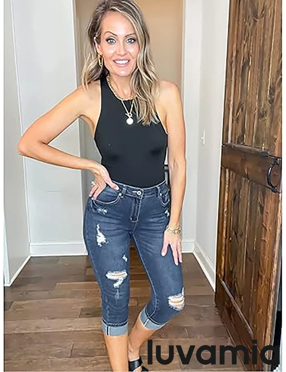 luvamia Capri Jeans for Women Stretch High Waisted Distressed Denim Capris Ripped Skinny Cropped Pants