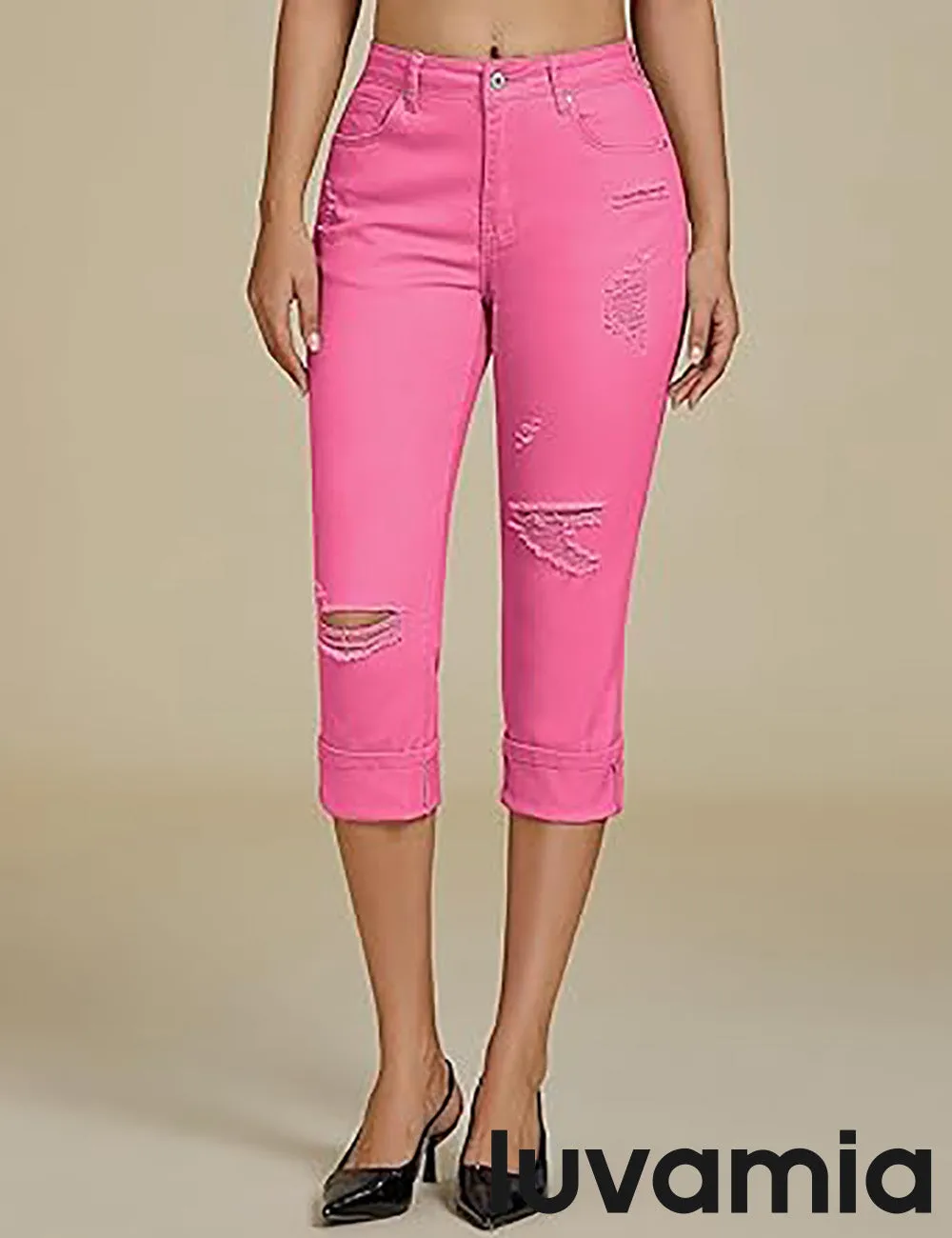 luvamia Capri Jeans for Women Stretch High Waisted Distressed Denim Capris Ripped Skinny Cropped Pants