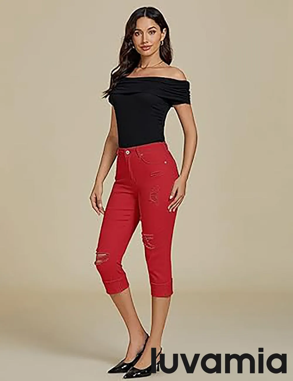 luvamia Capri Jeans for Women Stretch High Waisted Distressed Denim Capris Ripped Skinny Cropped Pants