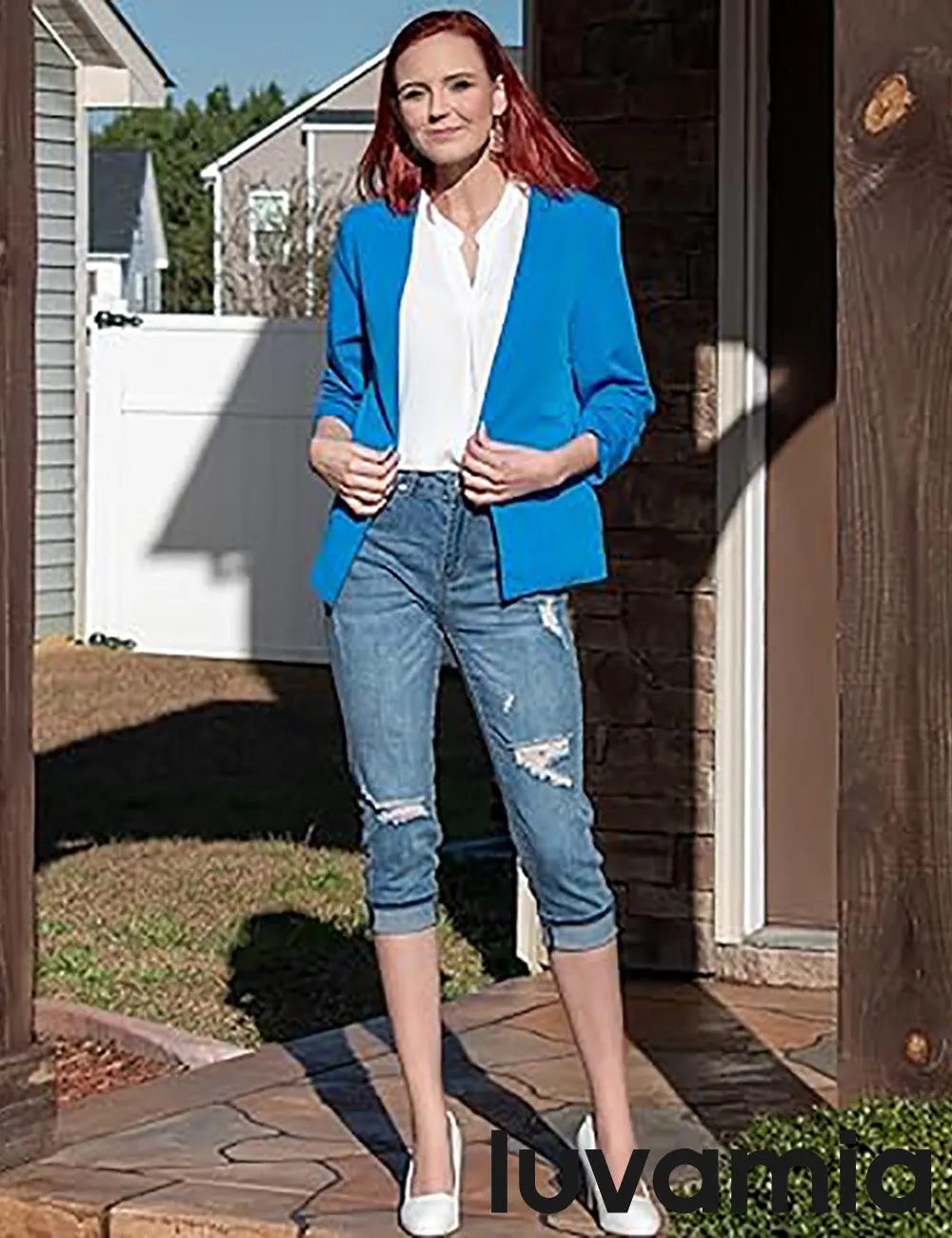 luvamia Capri Jeans for Women Stretch High Waisted Distressed Denim Capris Ripped Skinny Cropped Pants