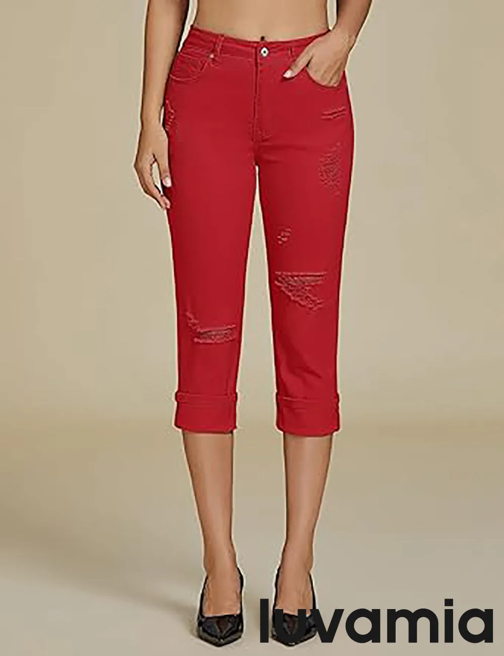 luvamia Capri Jeans for Women Stretch High Waisted Distressed Denim Capris Ripped Skinny Cropped Pants