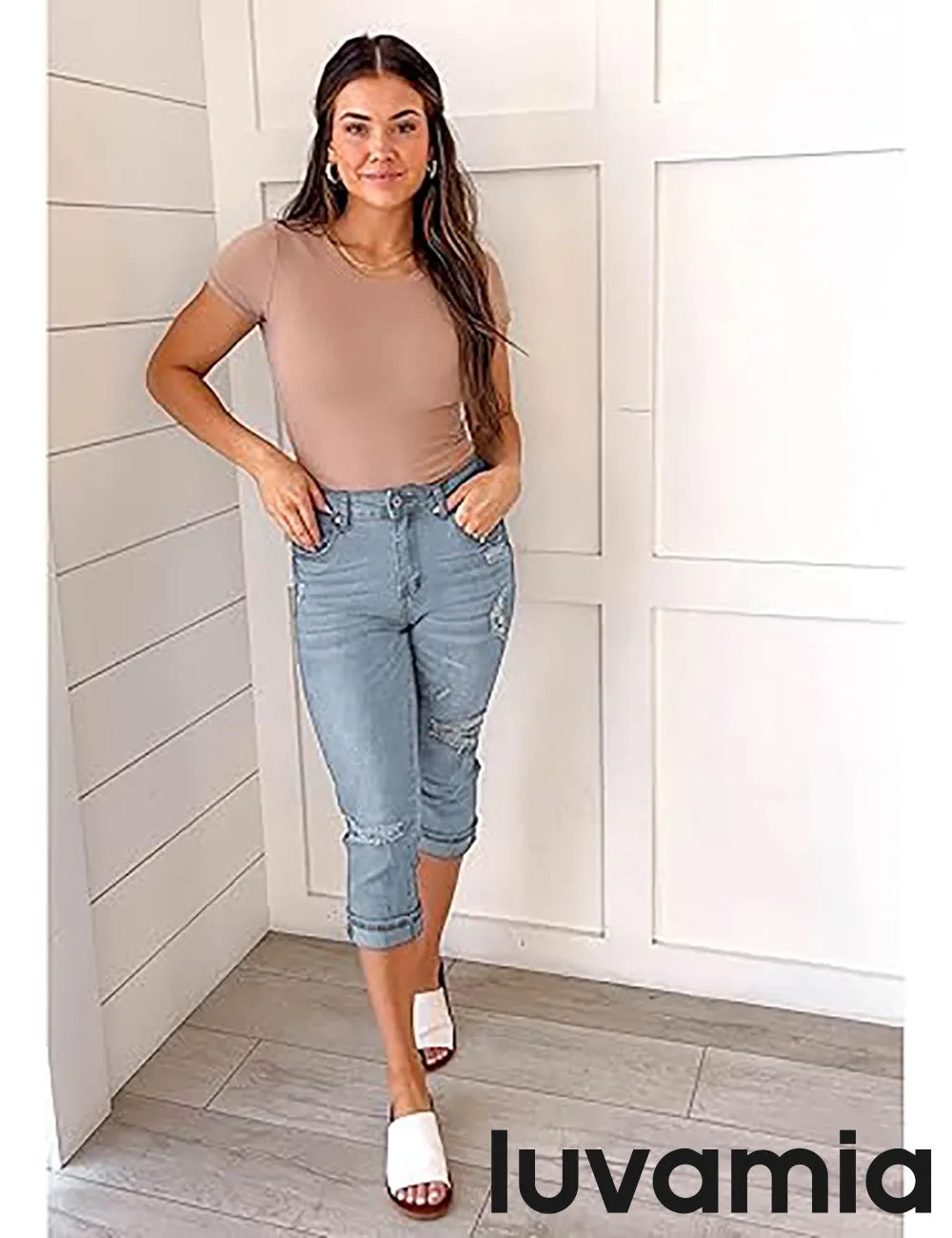 luvamia Capri Jeans for Women Stretch High Waisted Distressed Denim Capris Ripped Skinny Cropped Pants