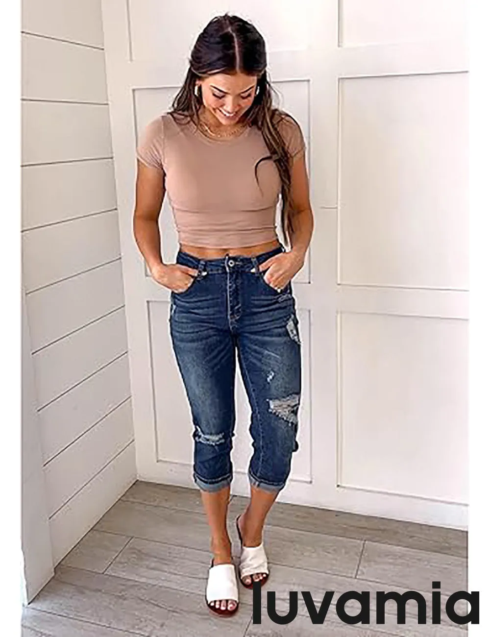 luvamia Capri Jeans for Women Stretch High Waisted Distressed Denim Capris Ripped Skinny Cropped Pants