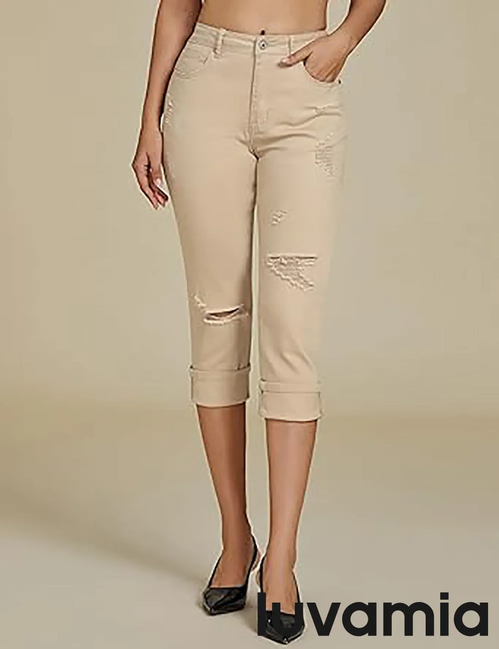 luvamia Capri Jeans for Women Stretch High Waisted Distressed Denim Capris Ripped Skinny Cropped Pants