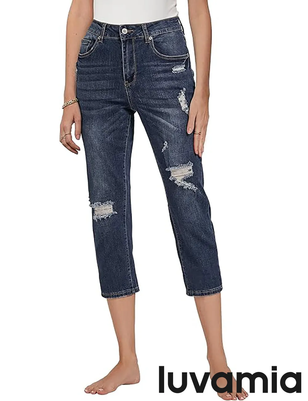 luvamia Capri Jeans for Women Stretch High Waisted Distressed Denim Capris Ripped Skinny Cropped Pants