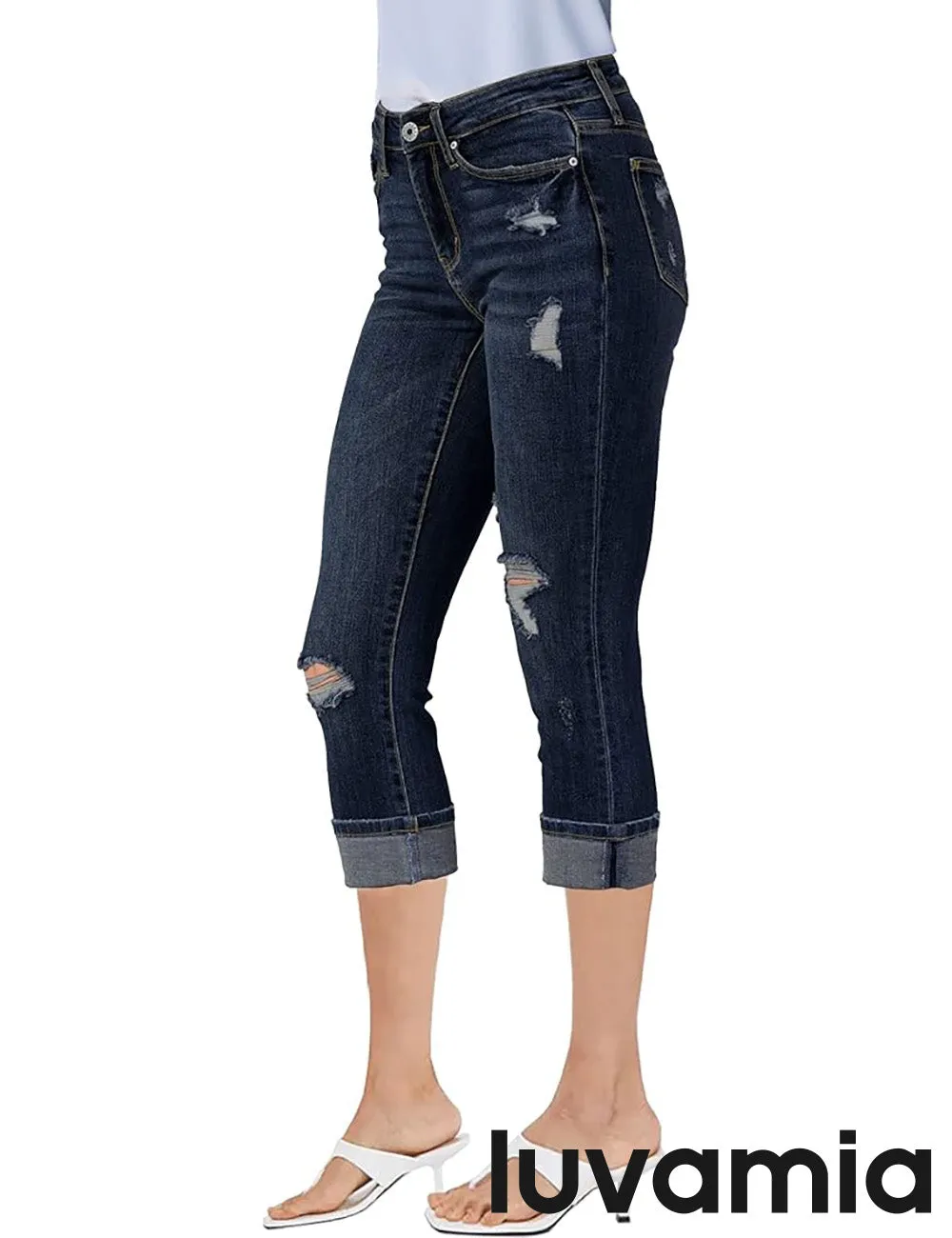 luvamia Capri Jeans for Women Stretch High Waisted Distressed Denim Capris Ripped Skinny Cropped Pants