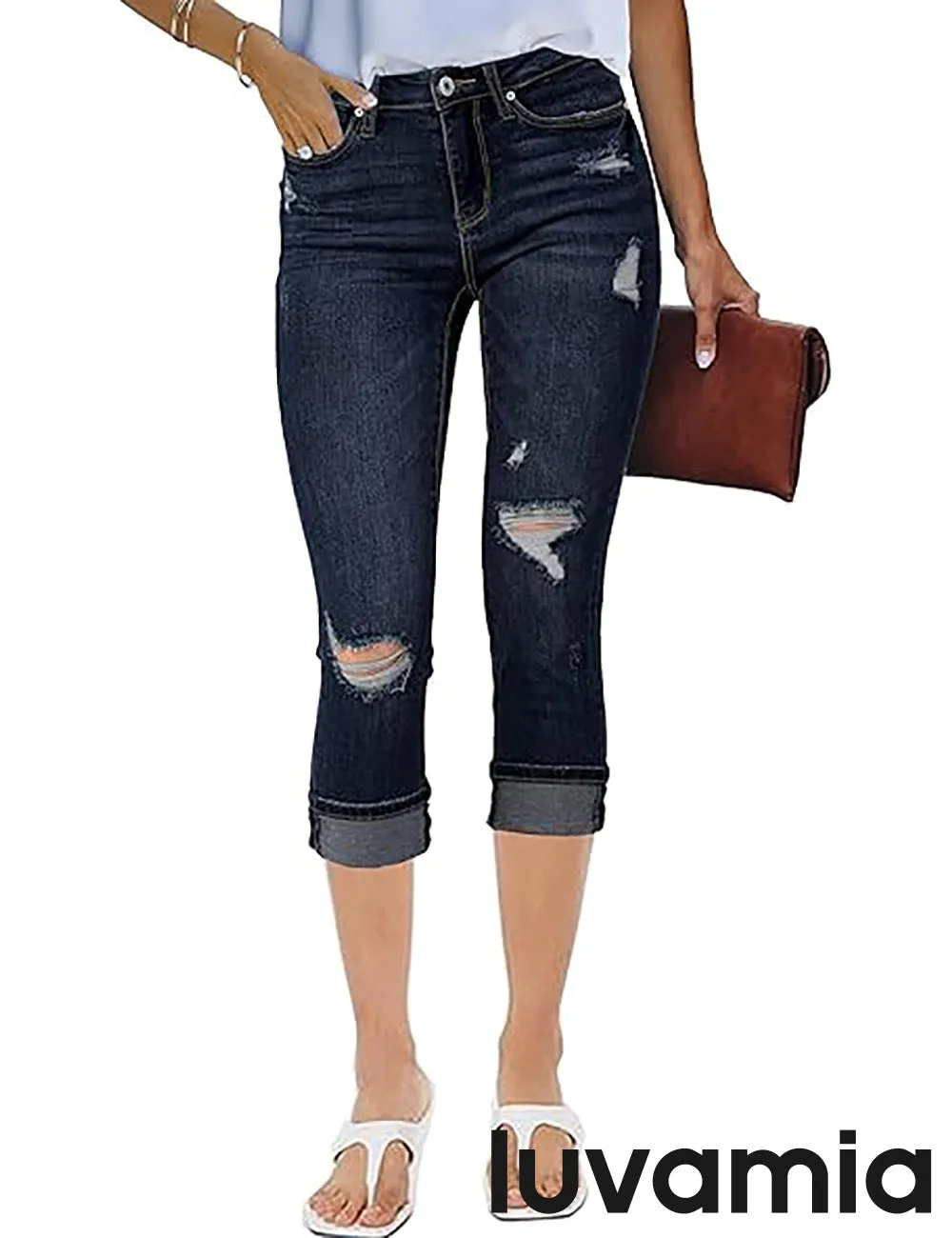 luvamia Capri Jeans for Women Stretch High Waisted Distressed Denim Capris Ripped Skinny Cropped Pants