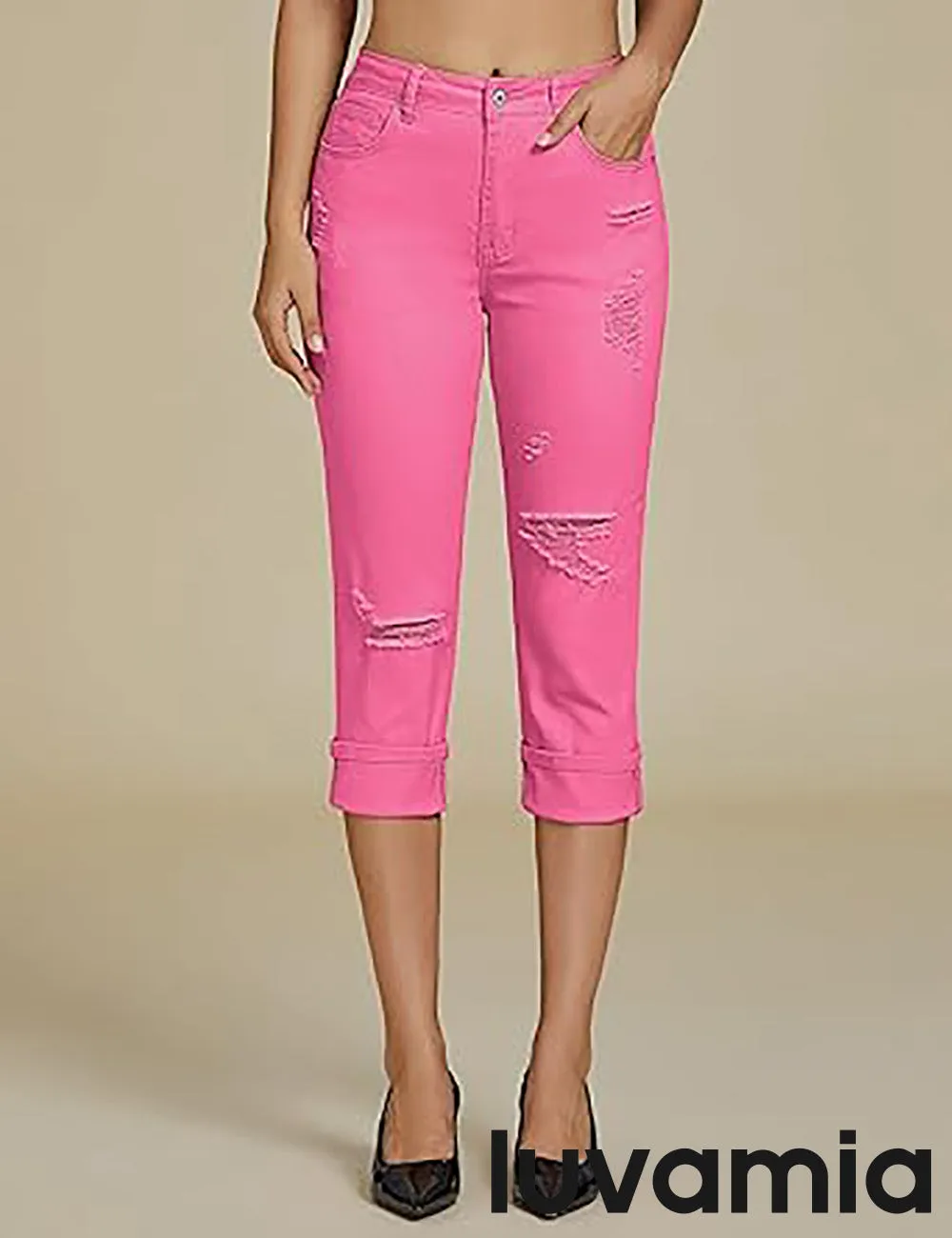 luvamia Capri Jeans for Women Stretch High Waisted Distressed Denim Capris Ripped Skinny Cropped Pants