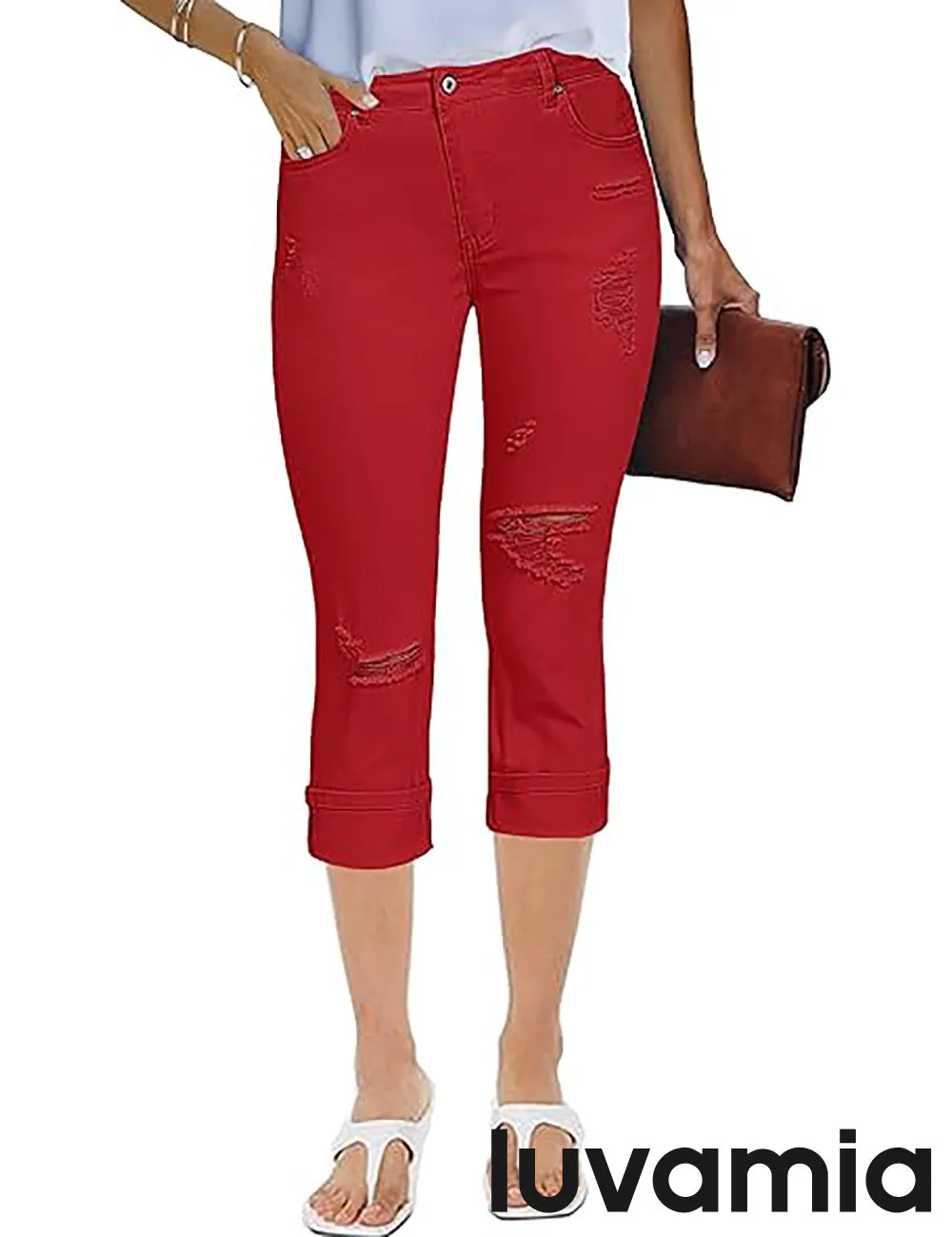 luvamia Capri Jeans for Women Stretch High Waisted Distressed Denim Capris Ripped Skinny Cropped Pants