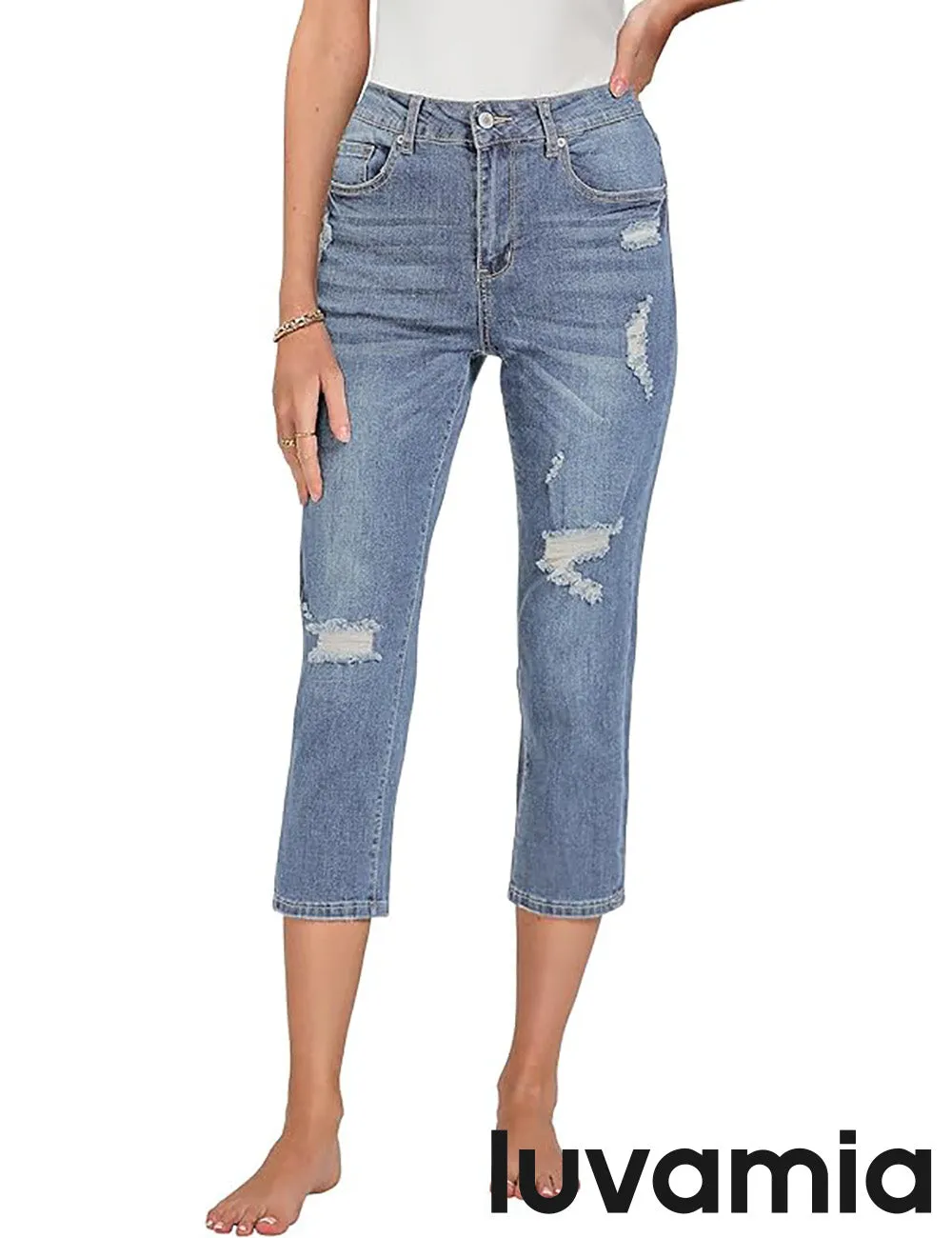 luvamia Capri Jeans for Women Stretch High Waisted Distressed Denim Capris Ripped Skinny Cropped Pants
