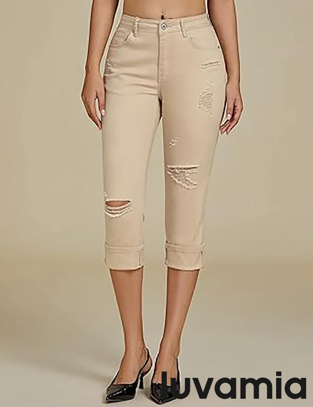 luvamia Capri Jeans for Women Stretch High Waisted Distressed Denim Capris Ripped Skinny Cropped Pants