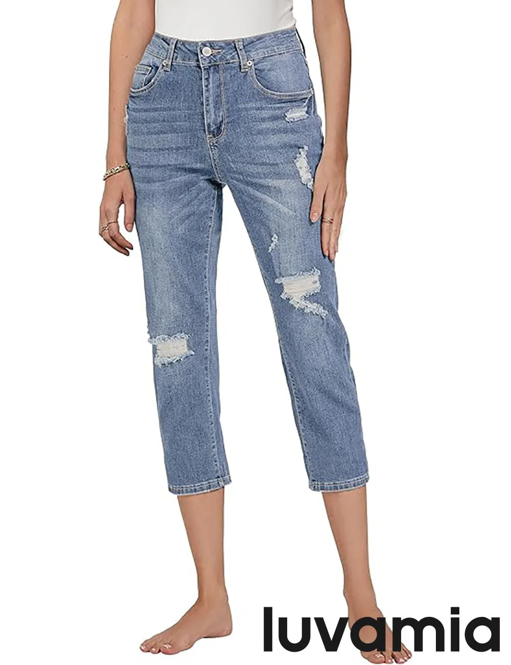 luvamia Capri Jeans for Women Stretch High Waisted Distressed Denim Capris Ripped Skinny Cropped Pants