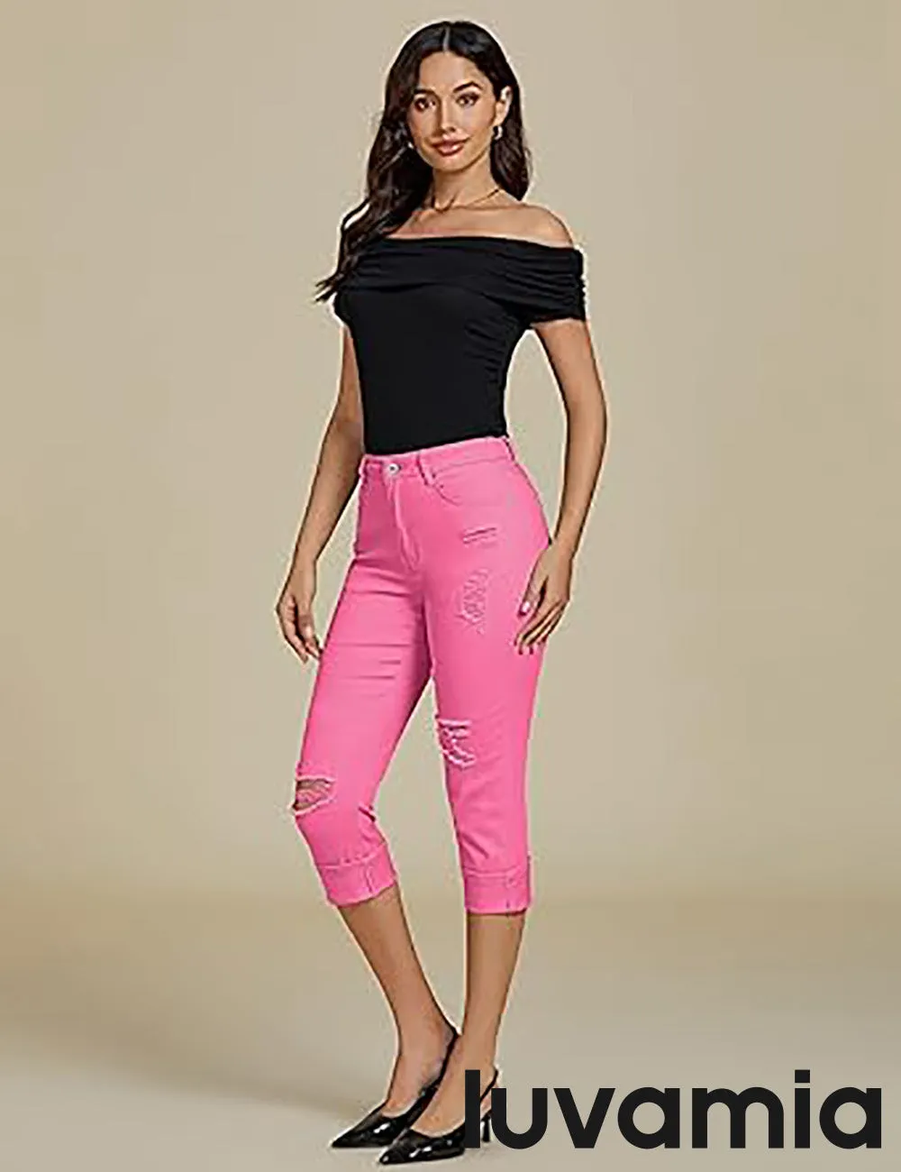luvamia Capri Jeans for Women Stretch High Waisted Distressed Denim Capris Ripped Skinny Cropped Pants