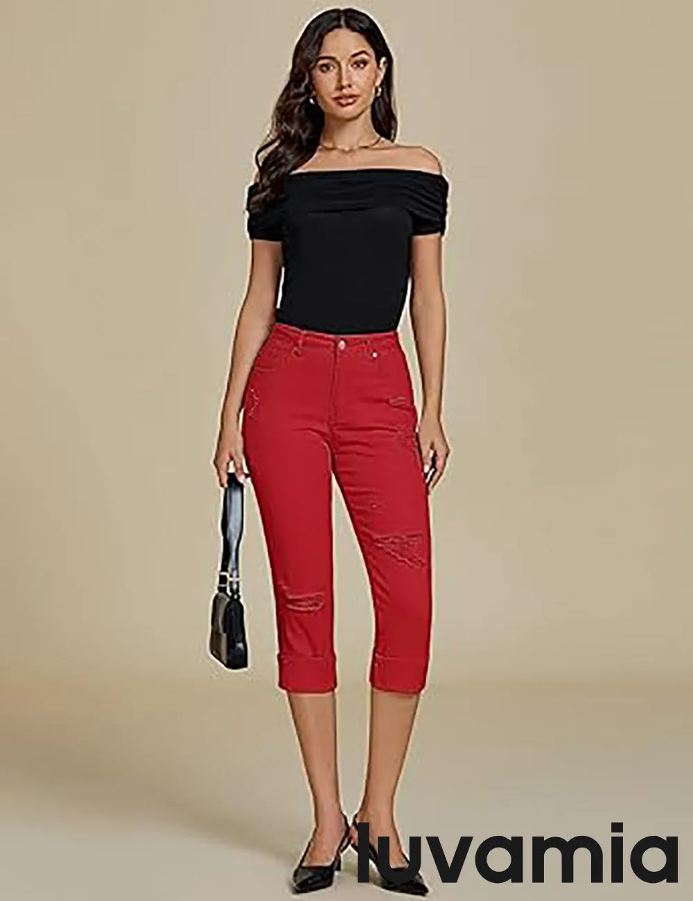 luvamia Capri Jeans for Women Stretch High Waisted Distressed Denim Capris Ripped Skinny Cropped Pants