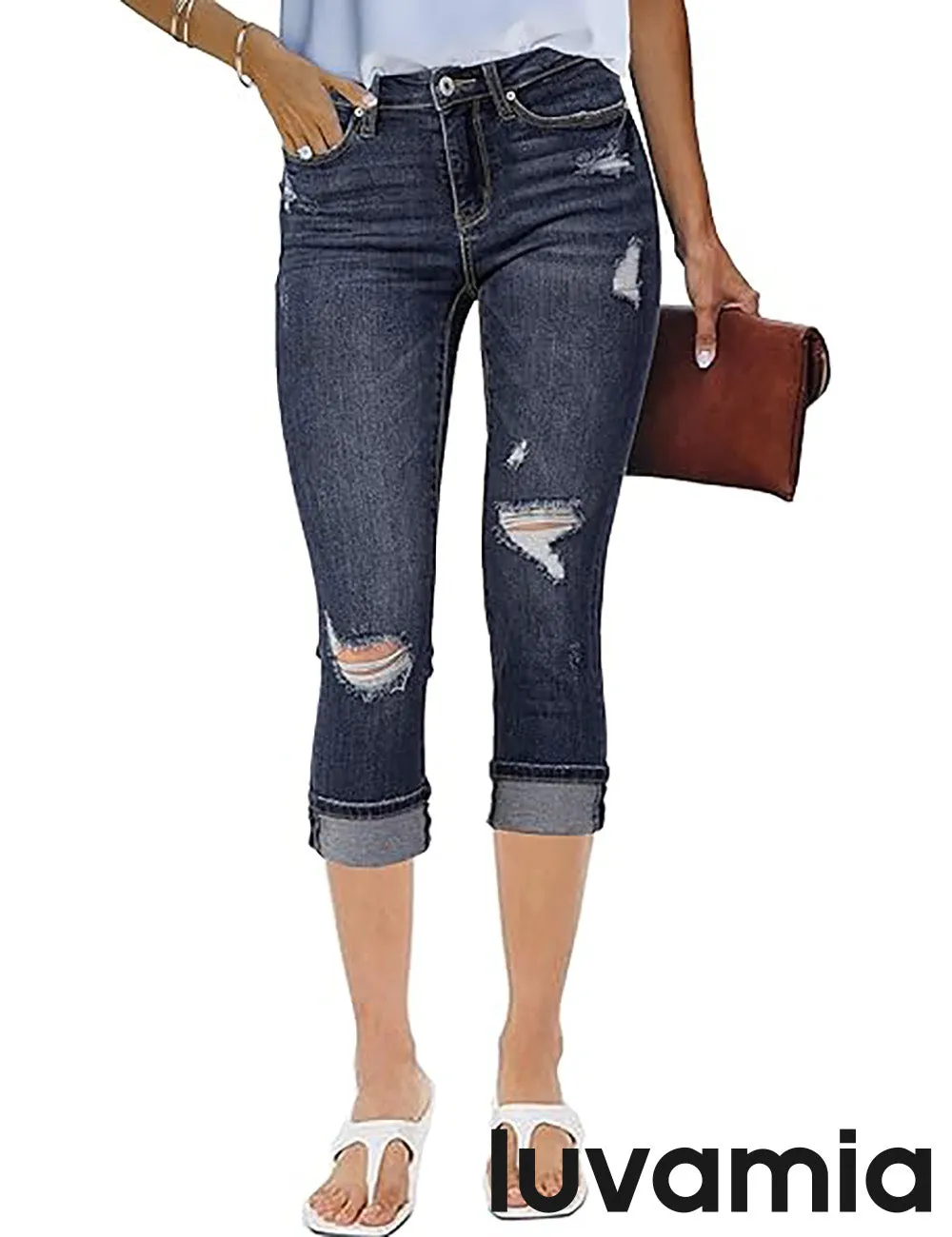 luvamia Capri Jeans for Women Stretch High Waisted Distressed Denim Capris Ripped Skinny Cropped Pants