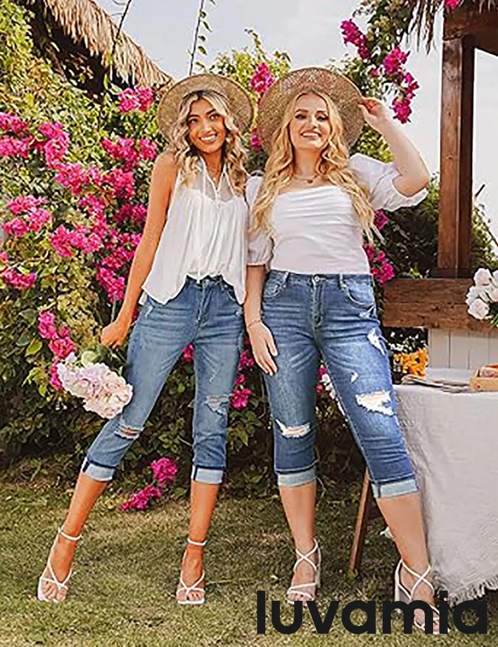 luvamia Capri Jeans for Women Stretch High Waisted Distressed Denim Capris Ripped Skinny Cropped Pants