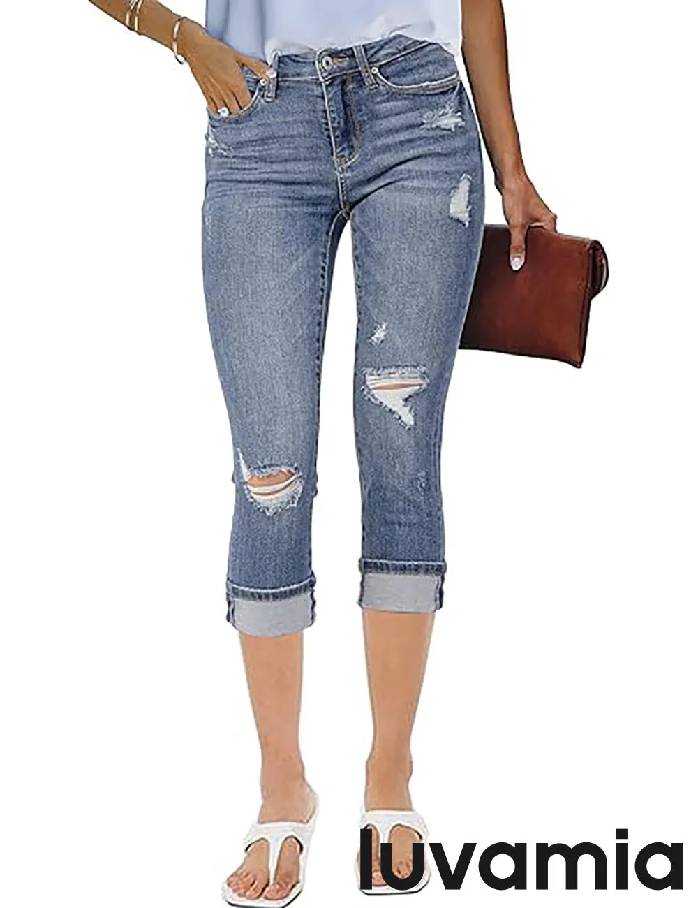 luvamia Capri Jeans for Women Stretch High Waisted Distressed Denim Capris Ripped Skinny Cropped Pants