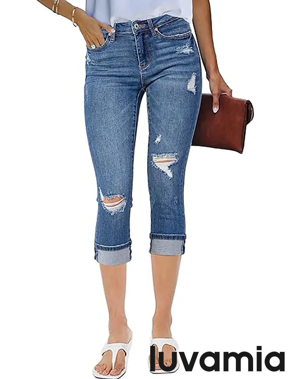 luvamia Capri Jeans for Women Stretch High Waisted Distressed Denim Capris Ripped Skinny Cropped Pants