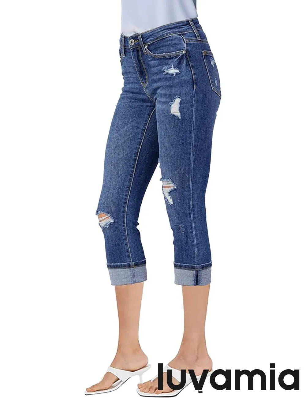 luvamia Capri Jeans for Women Stretch High Waisted Distressed Denim Capris Ripped Skinny Cropped Pants