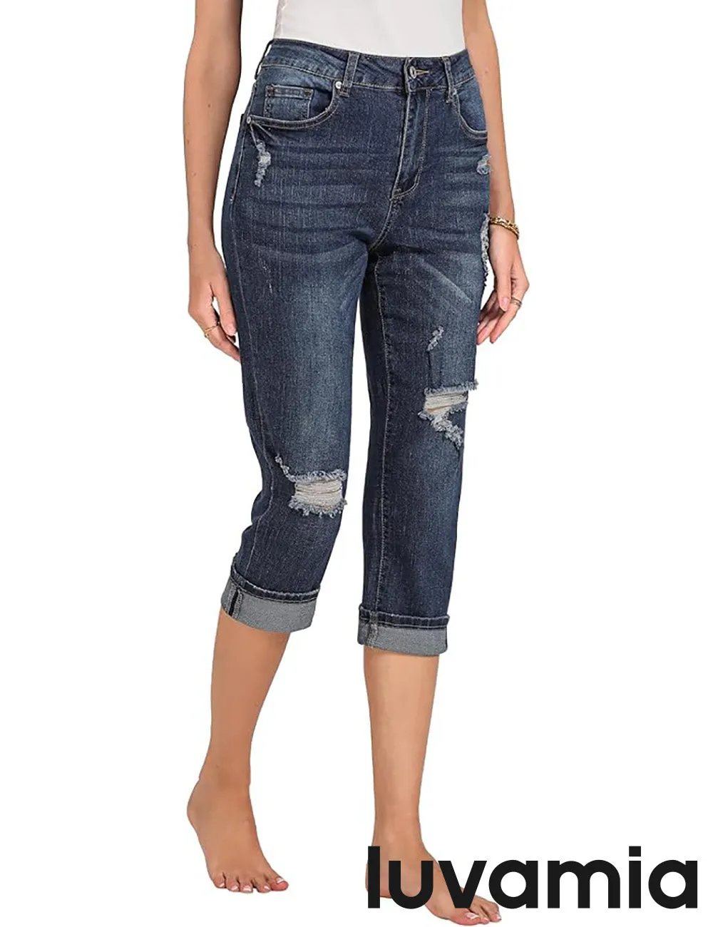 luvamia Capri Jeans for Women Stretch High Waisted Distressed Denim Capris Ripped Skinny Cropped Pants