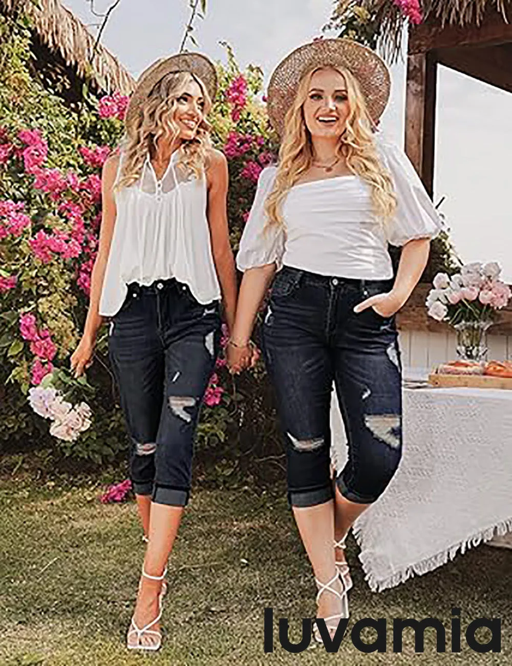 luvamia Capri Jeans for Women Stretch High Waisted Distressed Denim Capris Ripped Skinny Cropped Pants