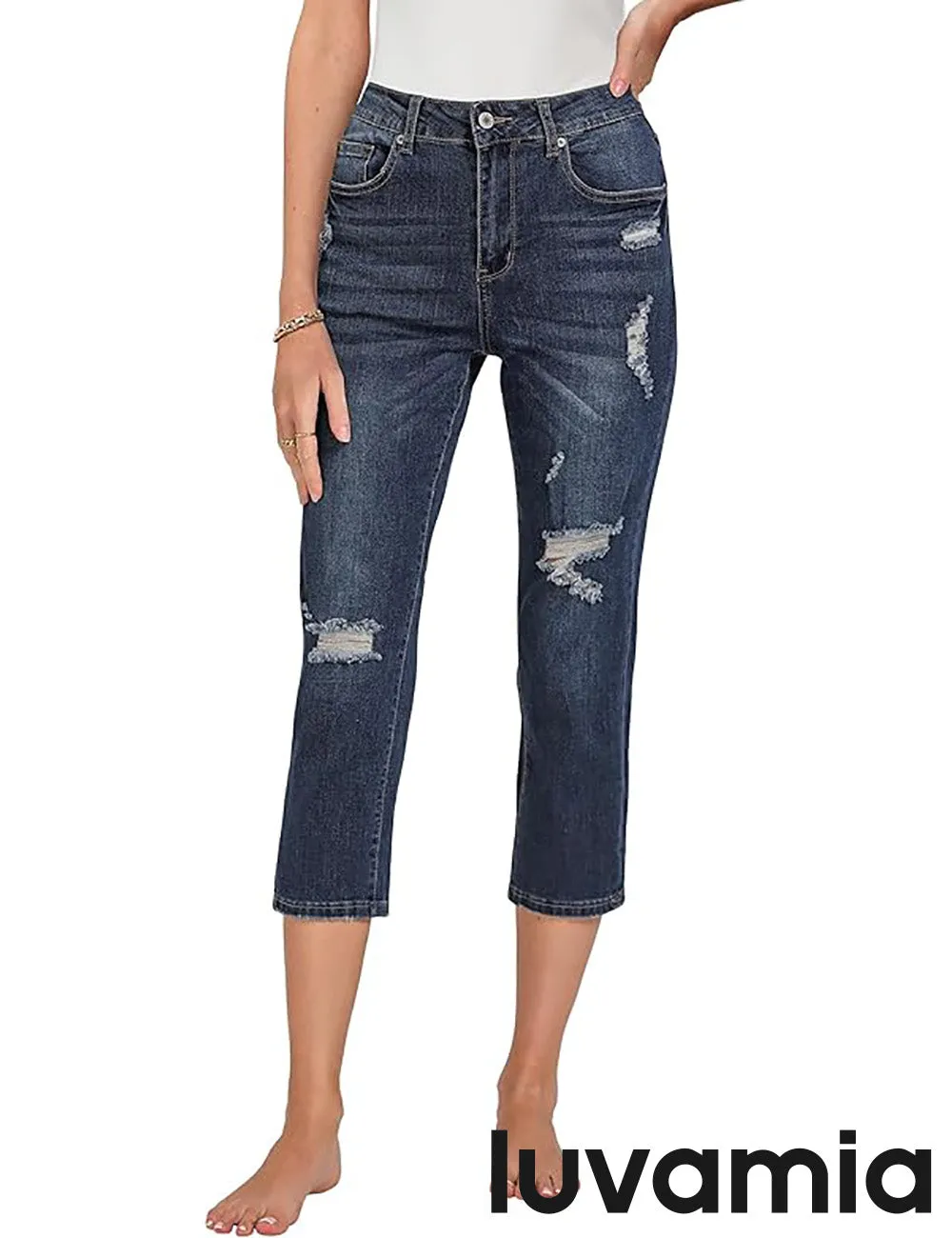 luvamia Capri Jeans for Women Stretch High Waisted Distressed Denim Capris Ripped Skinny Cropped Pants