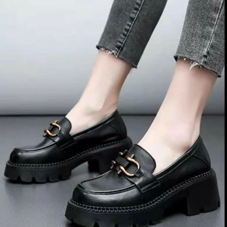 Women’s Platform Chunky Heel Slip-On Shoes – Stylish Metal Buckle Casual Loafers