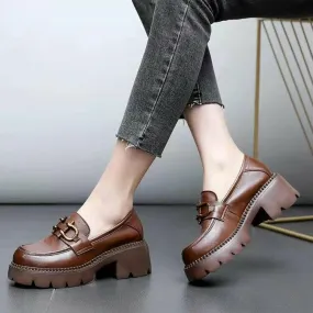 Women’s Platform Chunky Heel Slip-On Shoes – Stylish Metal Buckle Casual Loafers