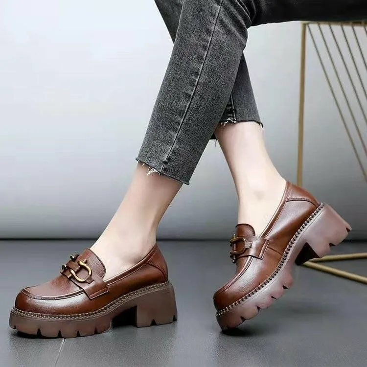 Women’s Platform Chunky Heel Slip-On Shoes – Stylish Metal Buckle Casual Loafers