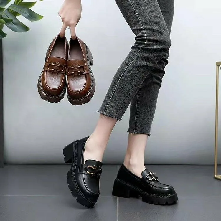 Women’s Platform Chunky Heel Slip-On Shoes – Stylish Metal Buckle Casual Loafers