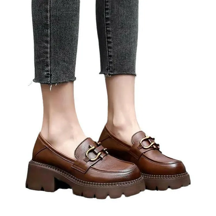 Women’s Platform Chunky Heel Slip-On Shoes – Stylish Metal Buckle Casual Loafers